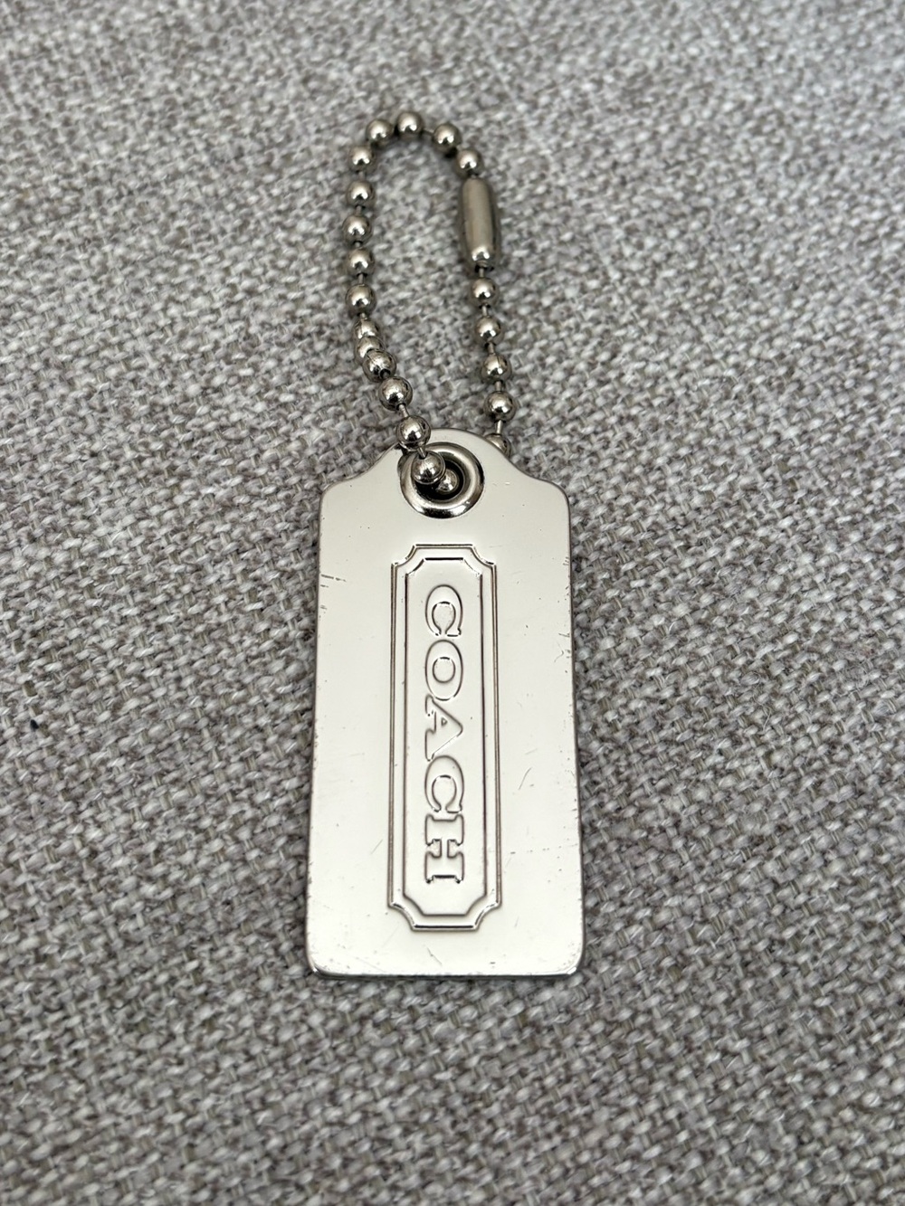 Coach Silver Tone Metal Hangtag Key Chain Bag Charm 2” with Ball Chain